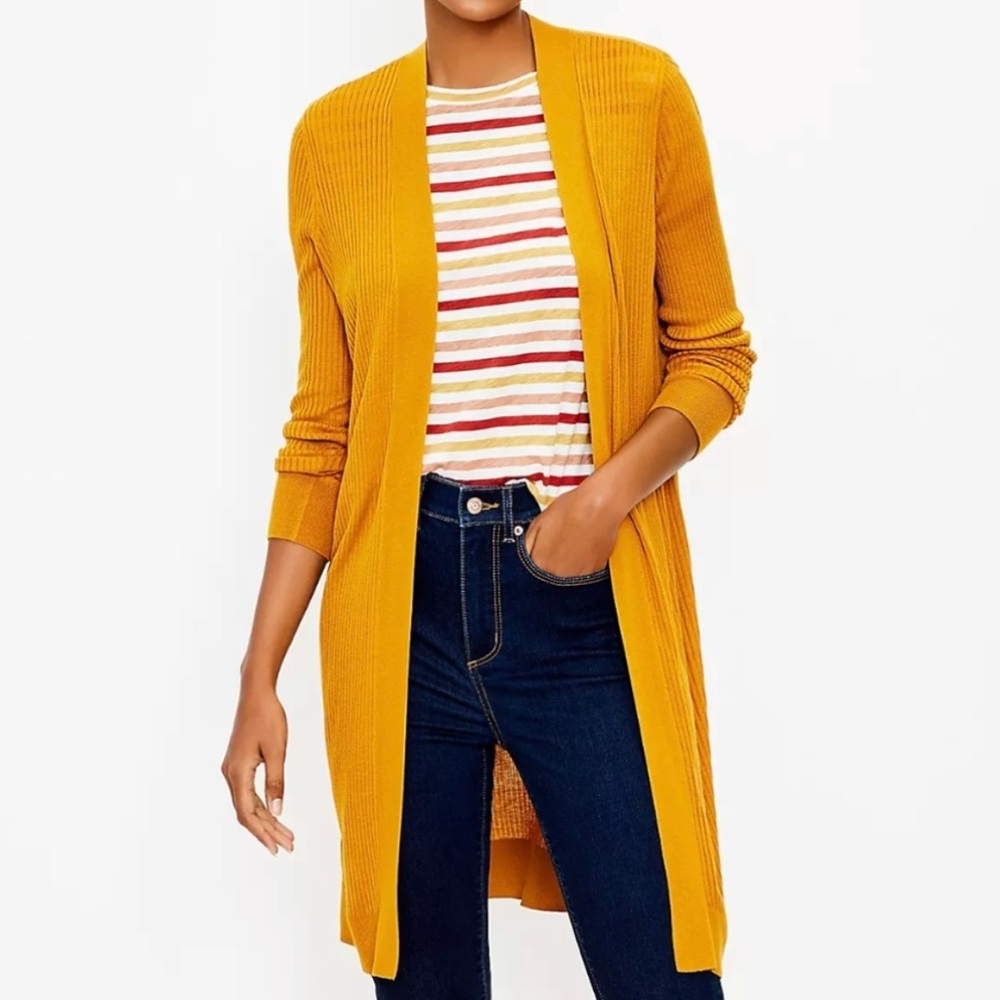 NWT Loft Jones Long Sleeve Ribbed Open Front Women's Mustard Cardigan